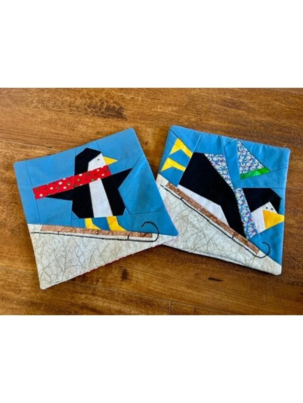 Handmade Quilted Penguin and Sled Coasters Set of 2